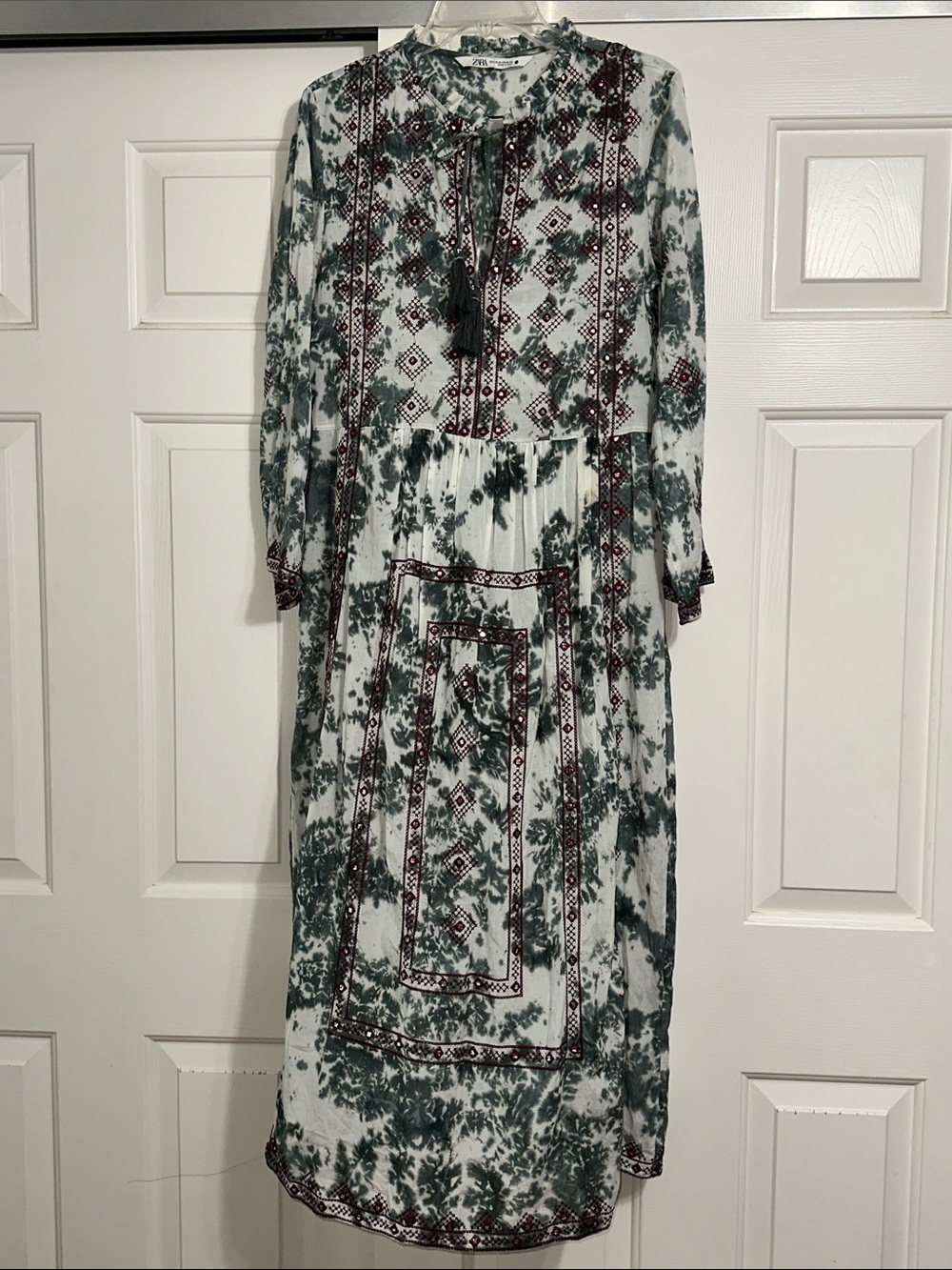Zara Bohemian Tie-Dye Embroidered Maxi Dress - Green & White